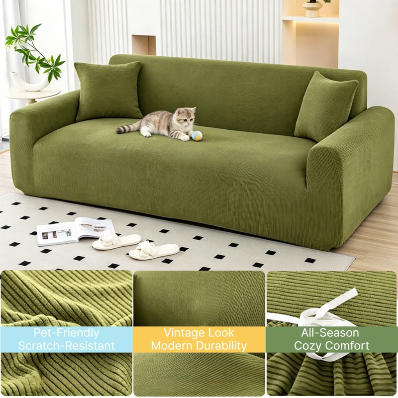 Corduroy Sofa Cover, All-Season Cozy Comfort Non-Slip Pet-Friendly Scratch-Resistant Slipcover 1/2/3/4 Seater Vintage Look
