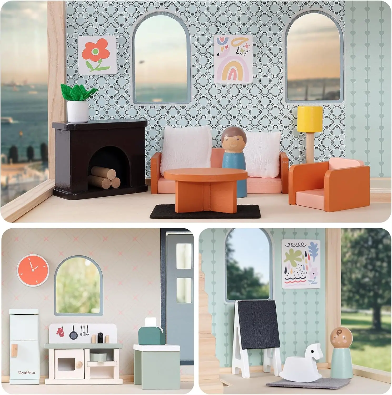 Juego de muebles para casa de muñecas de madera, muebles para muñecas de 56 piezas con 5 kits de habitaciones, dedos de juego, muebles en miniatura para casa de muñecas, Pl de simulación