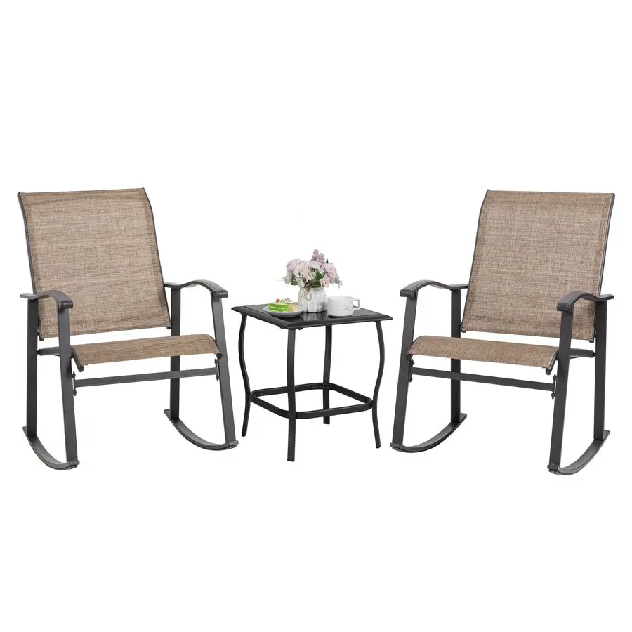 

Rocking Chair Outdoor with Table, 3 Piece Rocking Patio Bistro Set, Outdoor Furniture Set with Metal Frame and Textilene Fabric