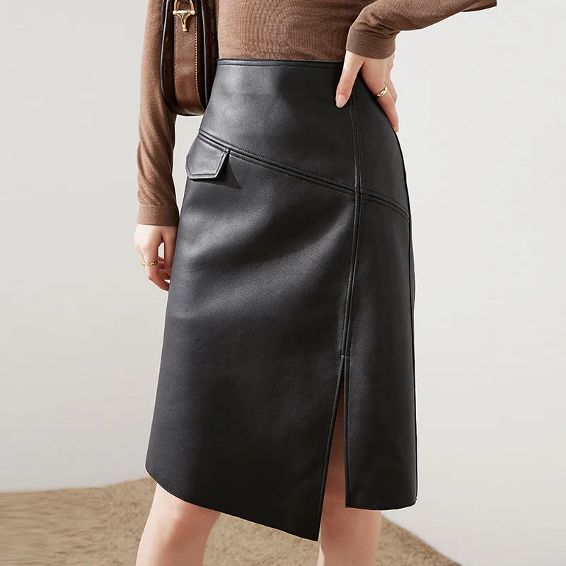 Women's Leather Skirt, High Waist,Genuine Sheepskin, Irregular, Lower Swing Fork,  Hip Wrap, OL, Spring, Autumn