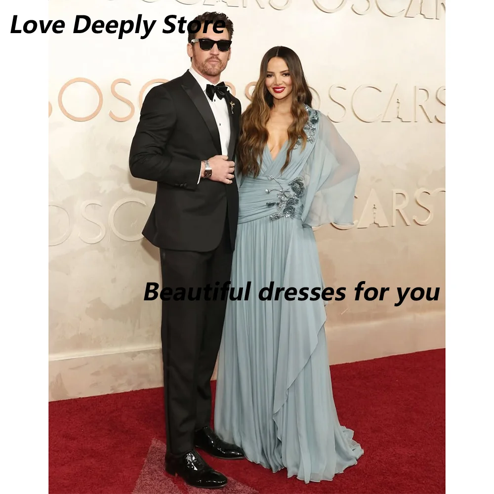 Seksowne Sukienki na Bal Maturalny dla Kobiet Dekolt V Długie Rękawy Aplikacje Koraliki Szyfonowa Linia A Długość do Podłogi Suknia Wieczorowa Szyta na Miarę