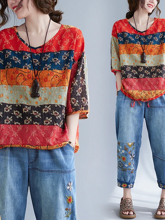 Cseta Casual de Aodão e Linho com Manga Curta, Decote Redondo, Ajuste Solto, Tamanho Plus, Top Vintage F que Disf...