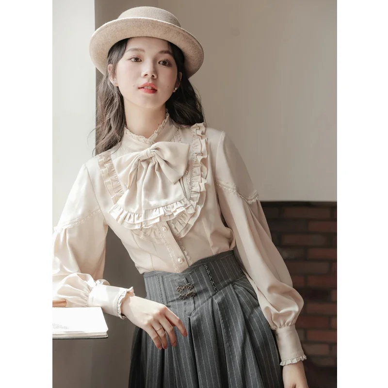 French Vintage Court Style Bow Long-Sleeved Shirts Top 2024 Autumn New Fashion Round Neck Elegant Slim-fit Blouse Vests Skirts