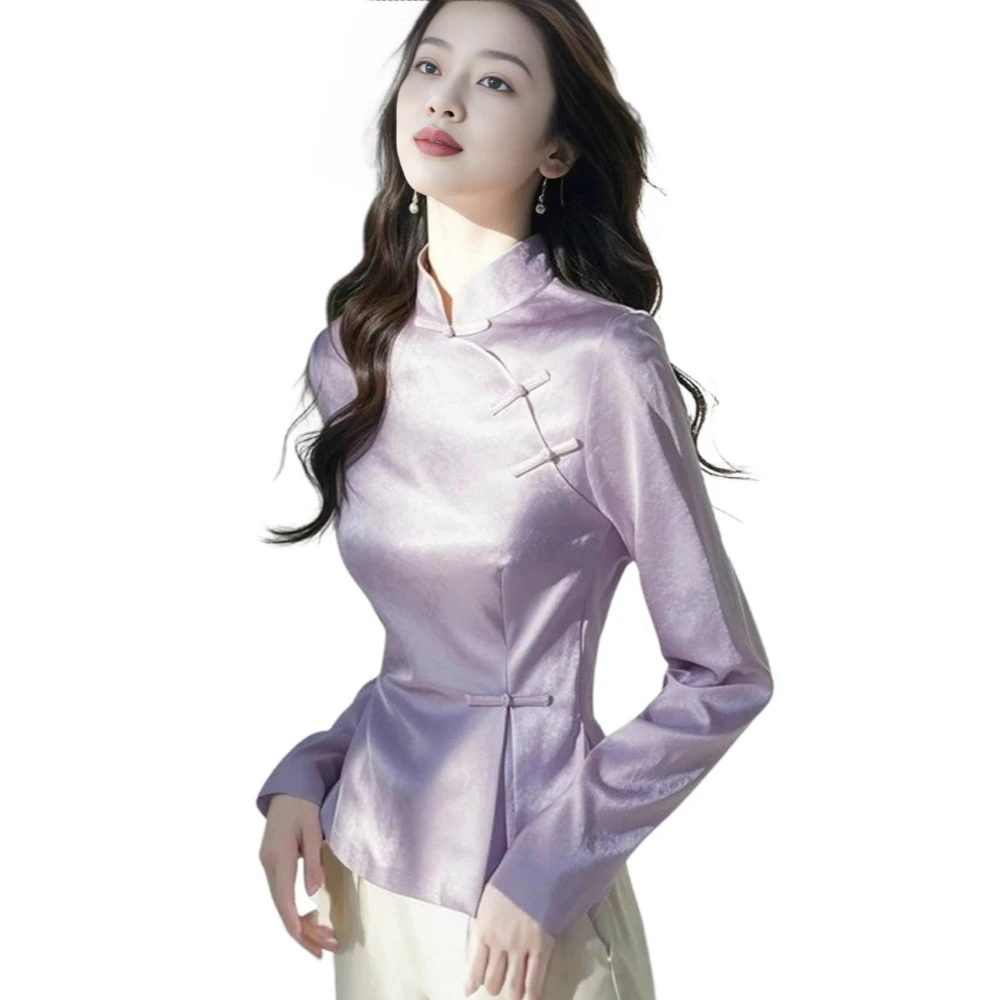 2026 Spring New Satin Shirt Women's Chinese Style Cheongsam Blouse Slanted Collar Frog Buttons Elegant Retro Cheongsam Tops