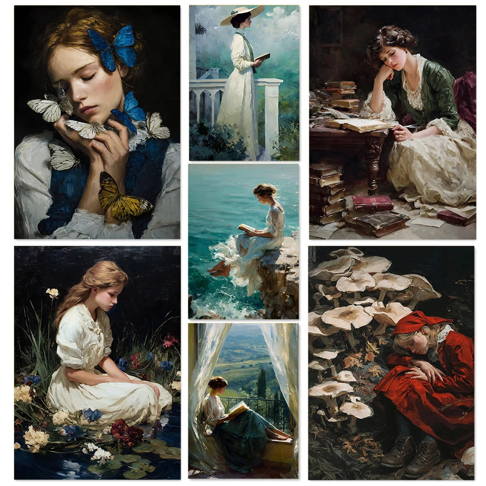 1pc frameless Romantic And Nostalgic Classical Beautiful Girl  Paint Portrait Art Poster Canvas Print  Living Room Entrance Wall