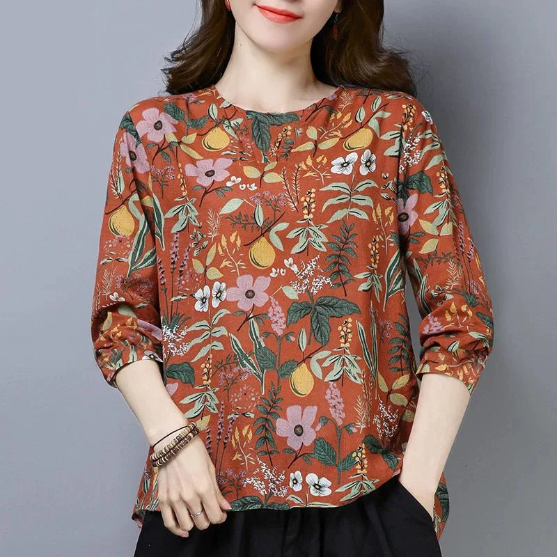 

Women's Spring Autumn Pullover New Female Clothing Fragmented Flower Long Sleeve T-shirt Loose Casual Fashion Printing Tops