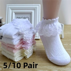 5/10Pairs Baby Girls Kids Socks Lace Ruffle Princess Mesh Children Ankle Short Breathable Cotton White Pink Blue Toddler Sock