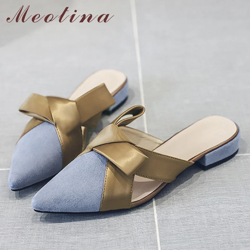 Meotina Women Mules Sandals Mid Heel Shoes Bow Pointed Toe Thick Heel Cut Out Causal Ladies Footwear 2022 Summer Black Blue 40