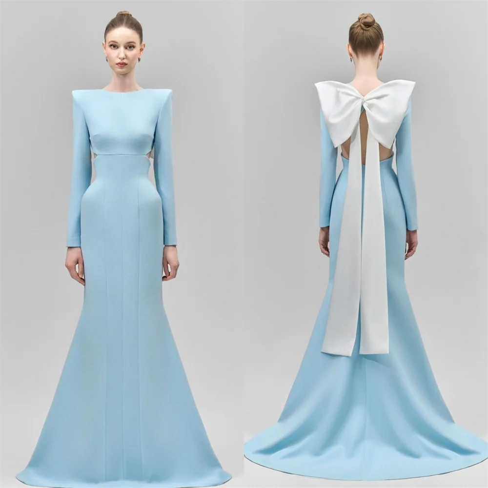 

Customized Formal Matching Jersey Pleat Bow Mermaid Scoop Neck Long Dresses Bespoke Occasion Dresses Sizes Available Fashion