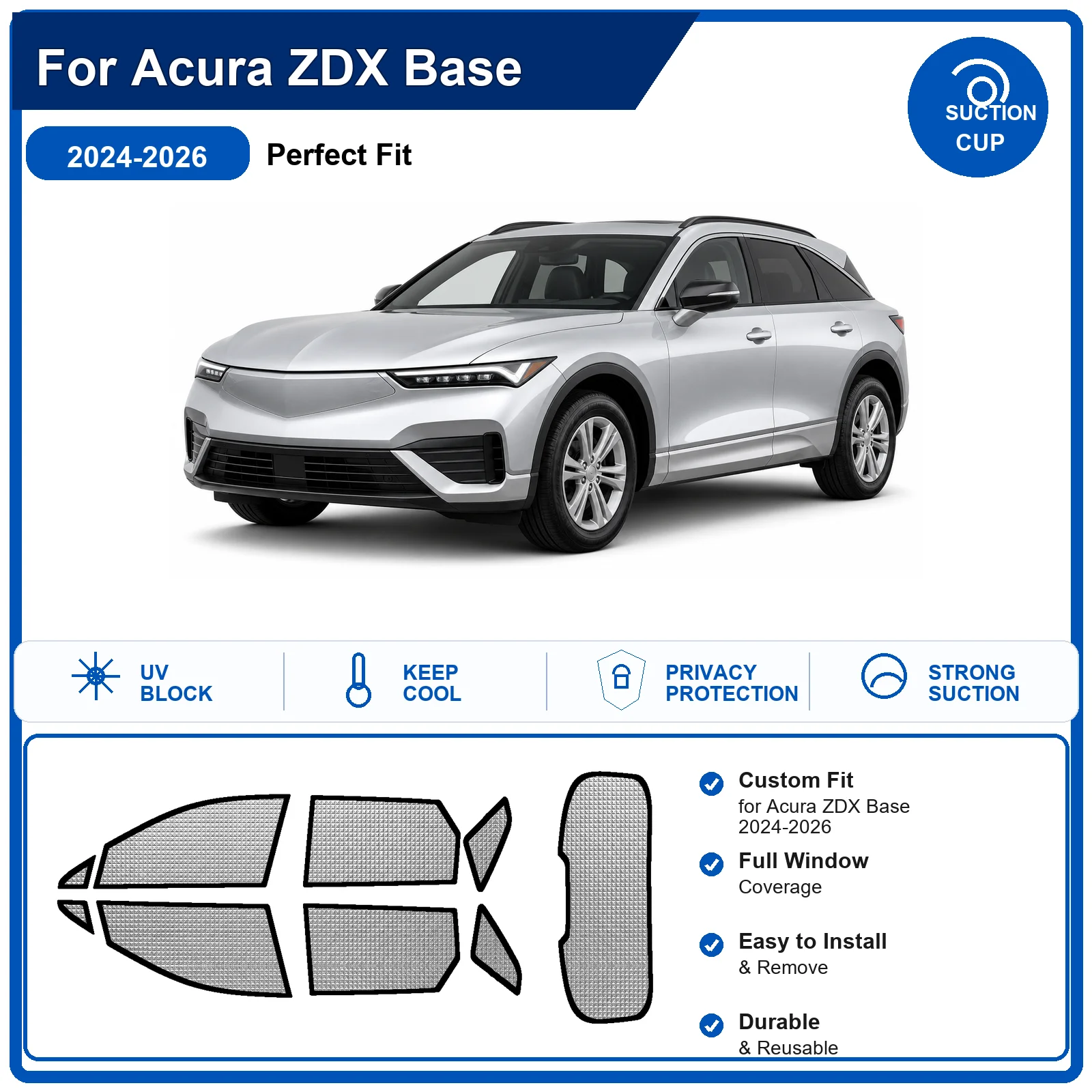 For Acura ZDX Base 2024-2026 Custom Full Set Windshield Sun Shade Aluminum Foil Heat Insulation Anti UV Foldable