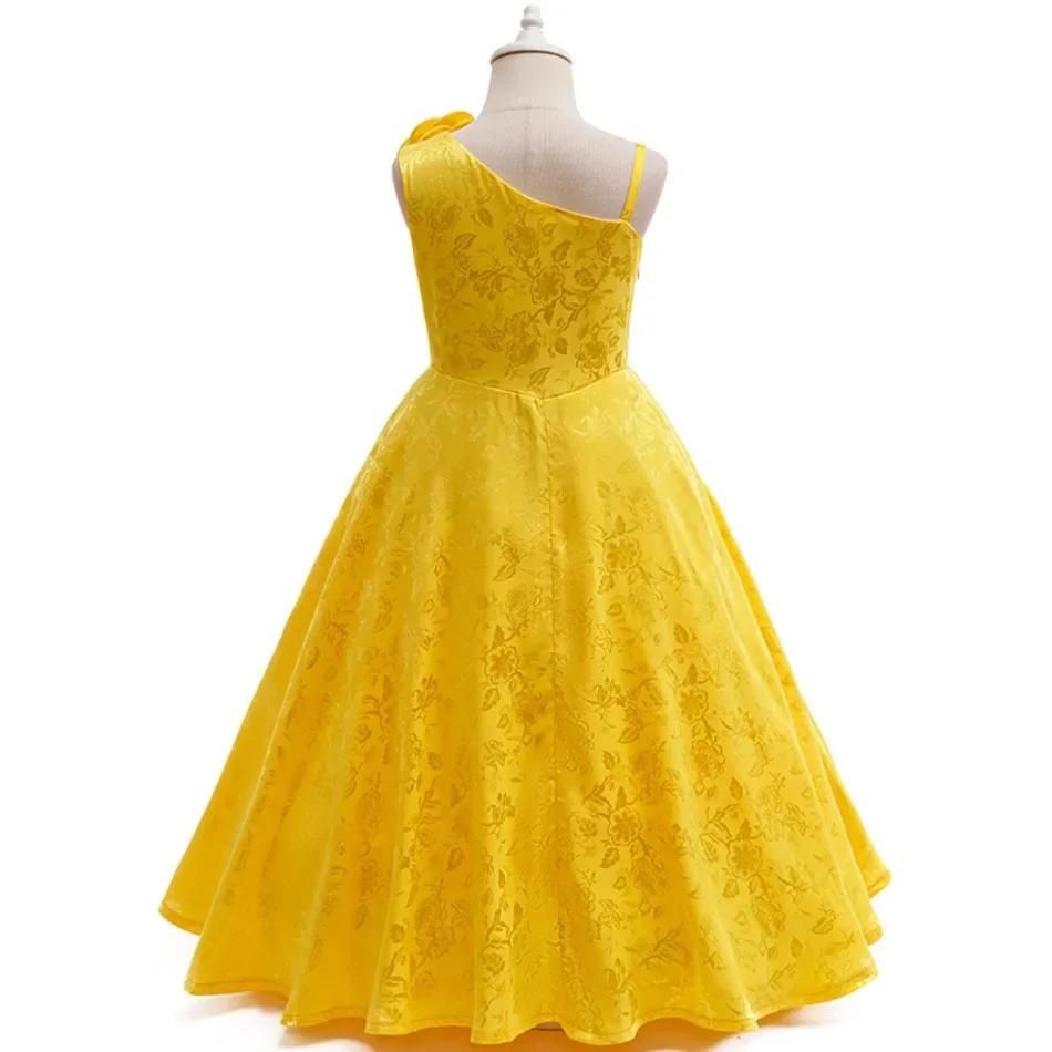 Gorgeous Girls Yellow One‑Shoulder Jacquard Long Formal Dress With Big 3D Rose Flower Kids Pageant Girl Wedding Party Gown ASQ03