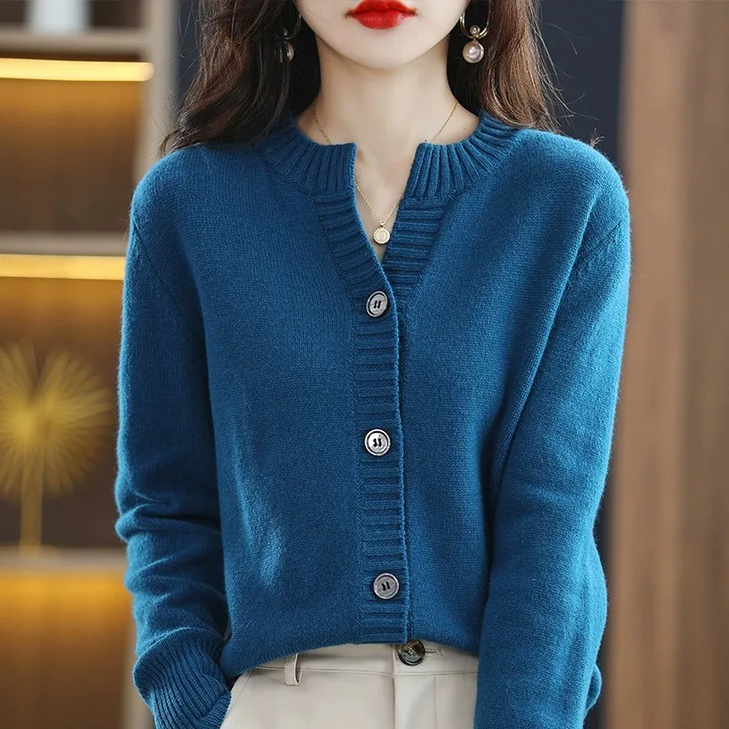 Ele Reine Baumwolle runde Ne Offene Strickjacke frauen Oberbekleidung Frühling Neue Sle Wolle Pullover Lange Sve Jaet Strickwaren