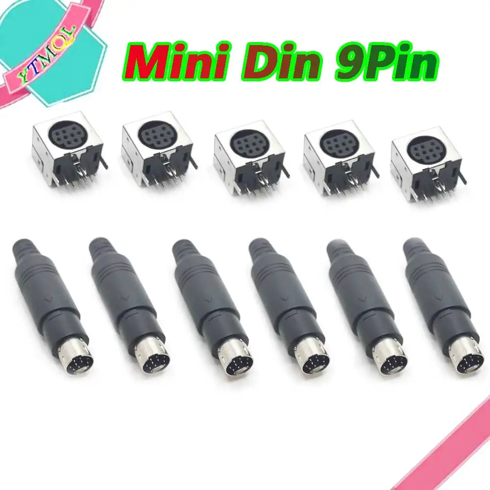 Mini Din  9 Pin Female Male Din Sockets MD-SM Shield Right Angle Through Holes PCB Circular Receptacle Connector