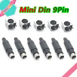 Mini Din  9 Pin Female Male Din Sockets MD-SM Shield Right Angle Through Holes PCB Circular Receptacle Connector