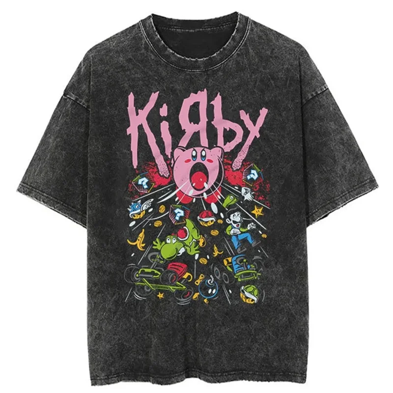 Summer Japanese Anime Kirby Print T Shirt Men Streetwear T-Shirts Oversize Tops Tees Vintage T Shirts Washed Cotton Short Sleeve