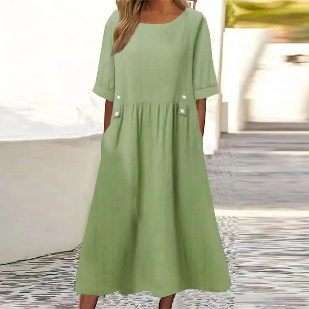 Loose Fit Dress Elegant Midi Dress with Pockets Button Decor for Women A-line Silhouette O Neckline Short Sleeves Solid Color