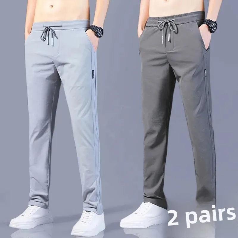 

Мужские летние тонкие спортивные брюки с прямыми штанинами, свободные молодежные модные повседневные спортивные штаны из ледяного шелка, длинные брюки со средней талией