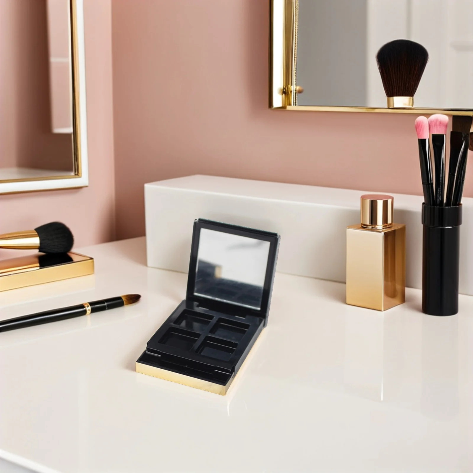 

Empty Eyeshadow Palette Mini 4 Grids Makeup Organizer Black Square Built-In Mirror Portable Travel Size