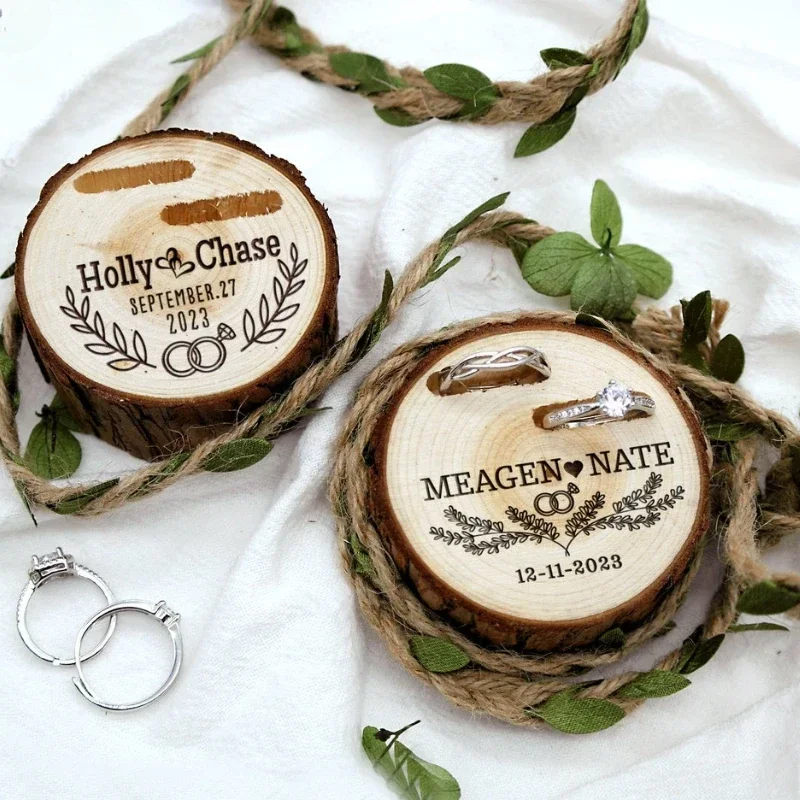 1PCS Free Custom Tree Wooden Stump Ring Bearer Box Wedding Personalized Wood Holder Proposal Bride Groom Proposal Ring Box Gift