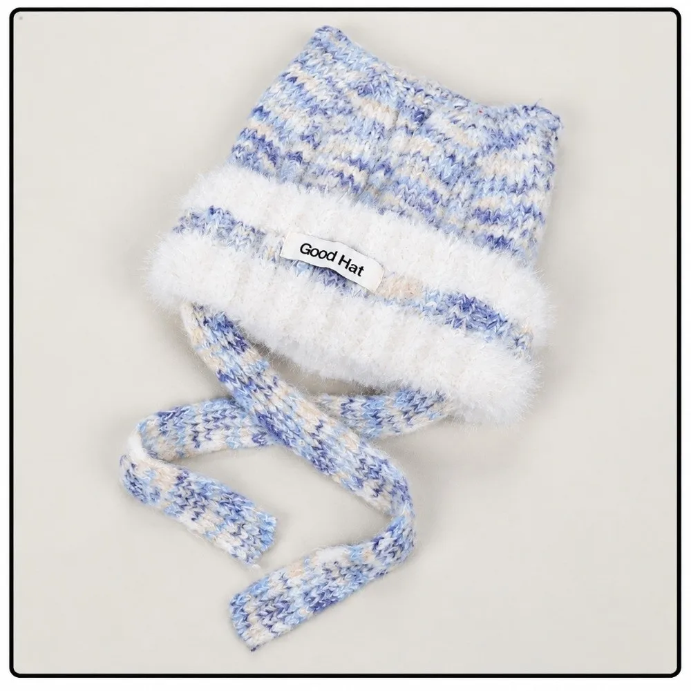 Stylish Handmade Knitted Ear Hat Foldable Ear Protection Cat Ear Beanie Soft Pullover Striped Skullies Cap Autumn Winter