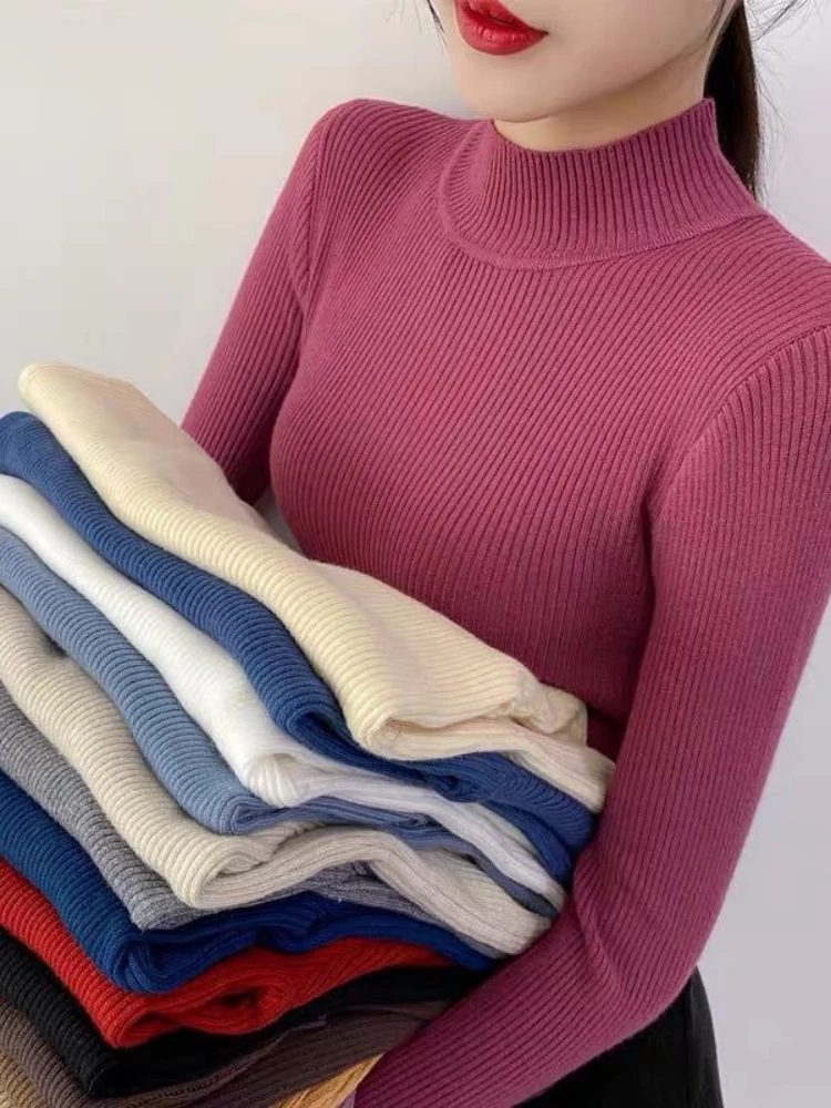 

Autumn Winter Mock Neck Women Sweater Vintage Basic Solid Knitted Tops Casual Slim Sweater Korean Sweaters Simple Chic Jumpers