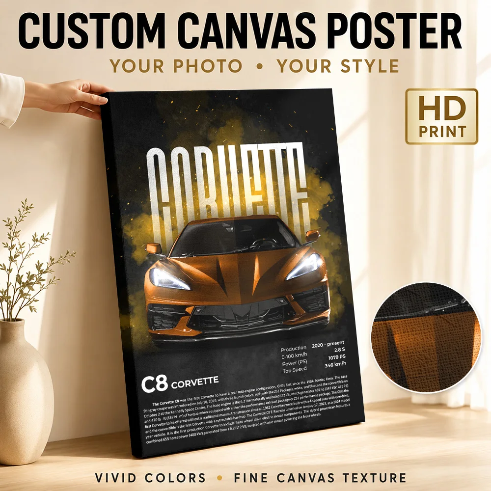 American C8 Orange Sports Car Canvas Posters Modern Road Style Wall Decor With Customized Photo For Office Ideal Driver Gift