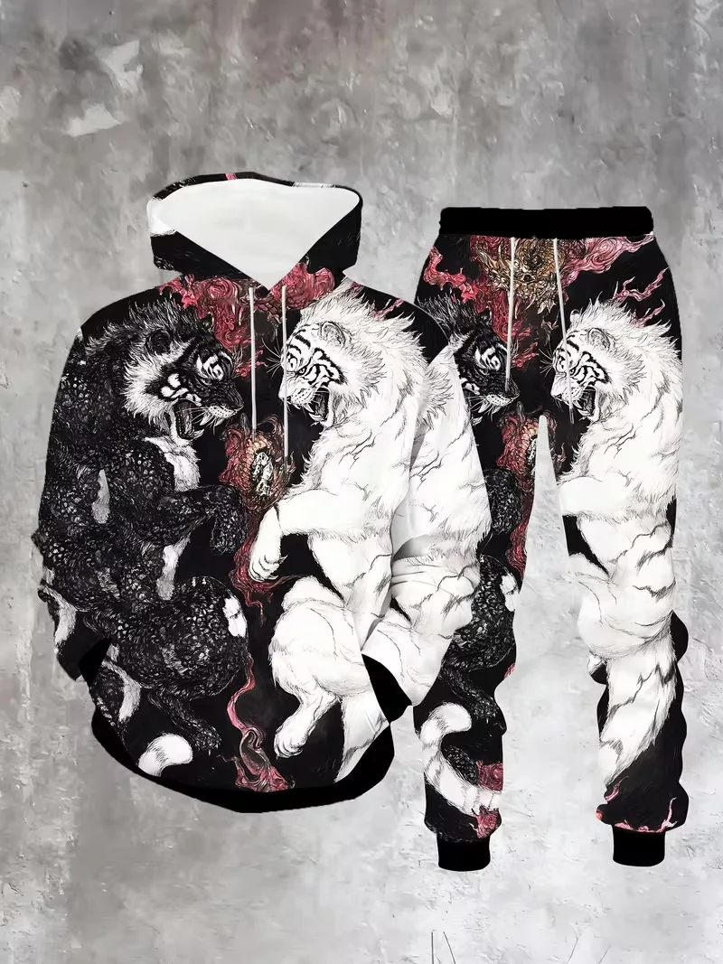 New Lion King Pattern Men's Hoodies Set 3d Printed Animal Clothing Long Sleeves+ Pants 2-pcs Casual Fashion Tracksuits