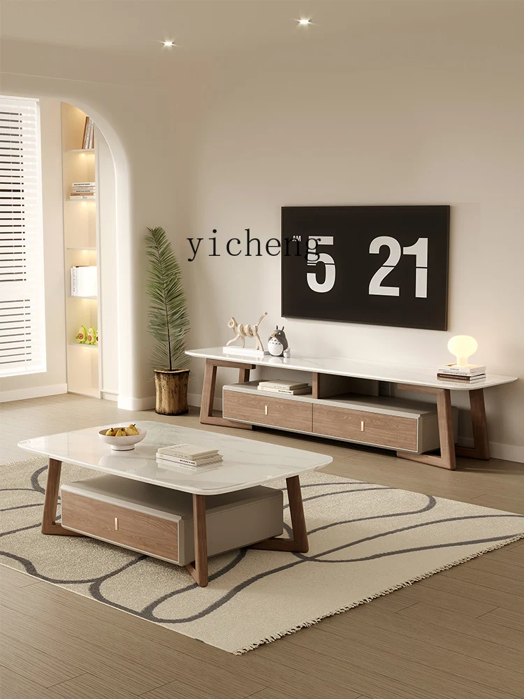 Tqh Solid Wood Light Luxury TV Cabinet and Tea Table Combination Stone Plate Tempered Glass Living Room Floor Cabinet