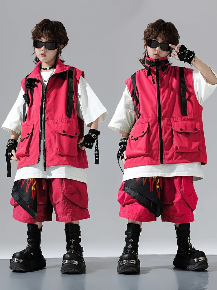

Kid Kpop Hip Hop Clothing Rose Strap Pocket Sleeveless Jacket Vest Casual Cargo Shorts for Girl Boy Dance Wear Costumes Clothes