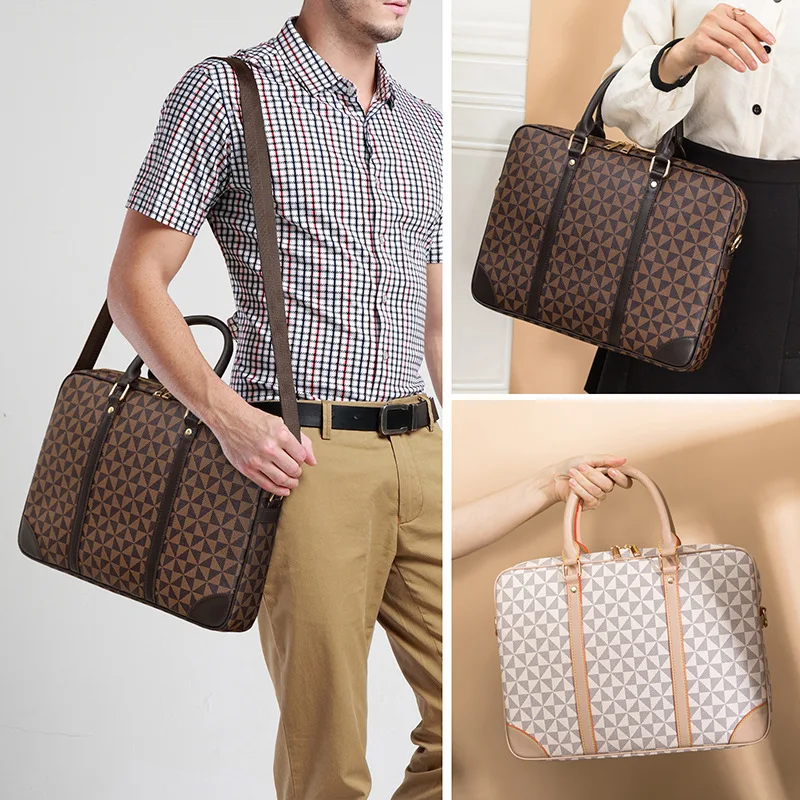 Printed Leather Business Briefcase Men/Women Wheel Bag 14/16 Inches Laptop Shoulder Bag Crossbody Computer Handbag