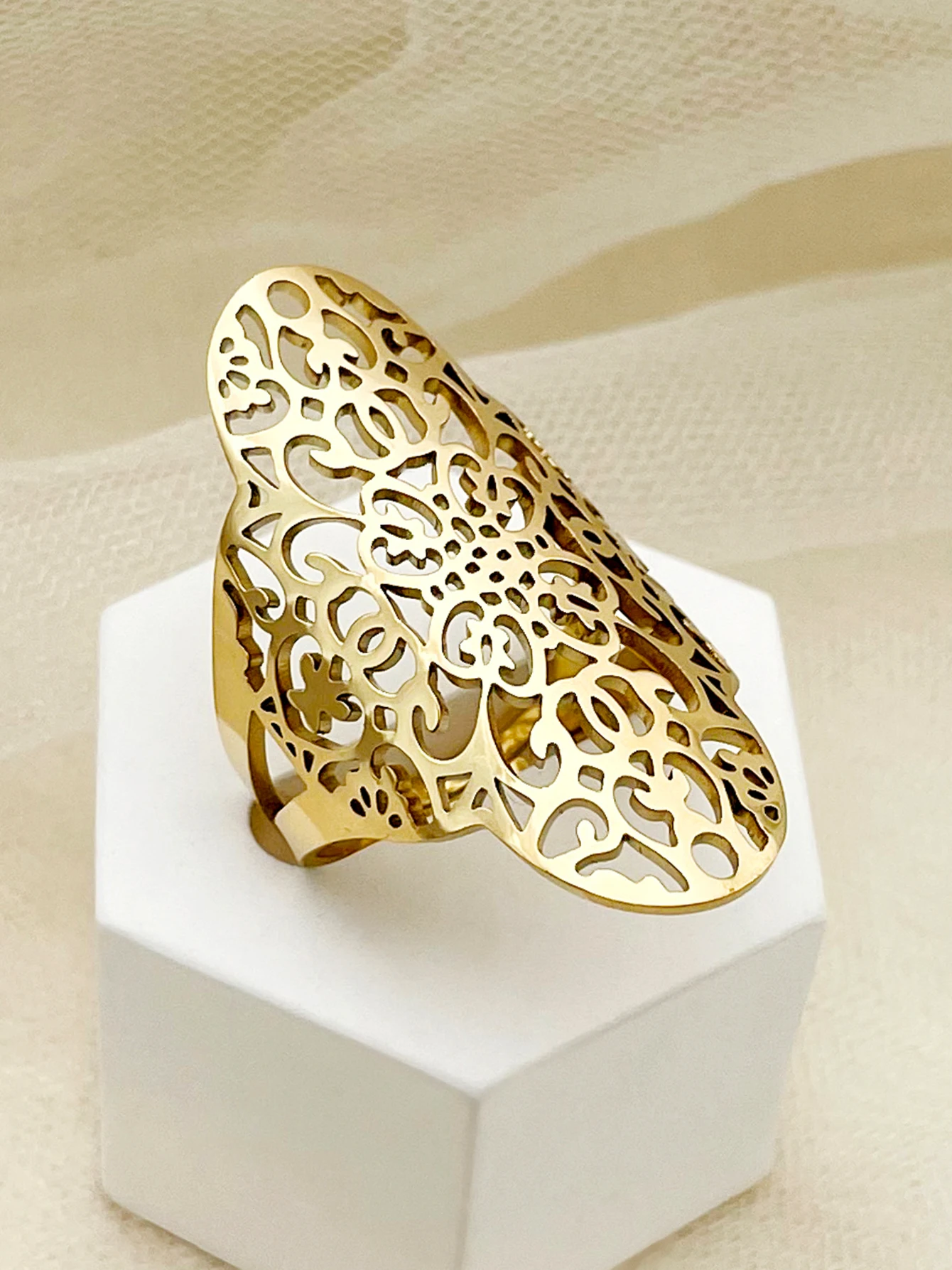 May@RZ Stainless steel cutout intricate pattern open ring feminine charm metal 18K gold plated fashion unique design jewelry
