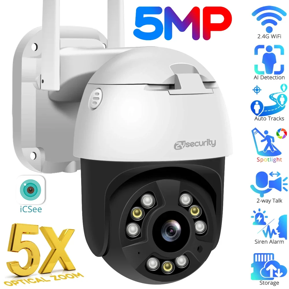 5MP IP Camera External 5X Optical Zoom Auto Tracking PTZ Color Night Vision Wireless Speed Dome Audio Video Surveillance Cameras