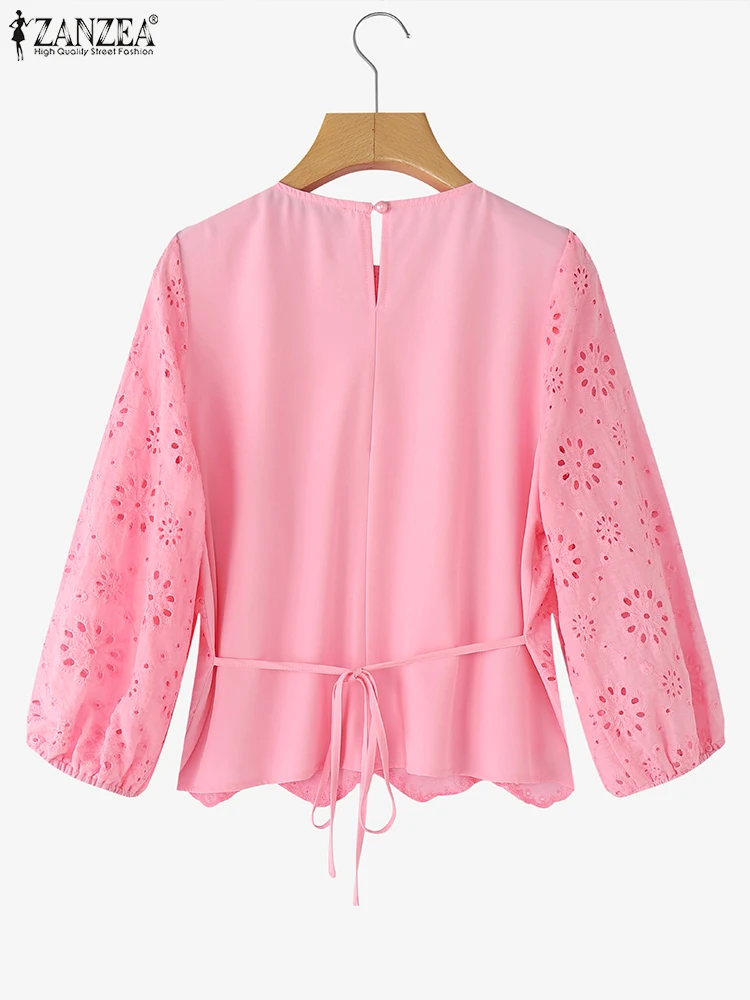 ZANZEA Fashion Women Lace Tops 2025 Summer Cotton Blouse Asymmetrical Hem Casual Loose Shirts 3/4 Puff Sleeve Blusas Femininas