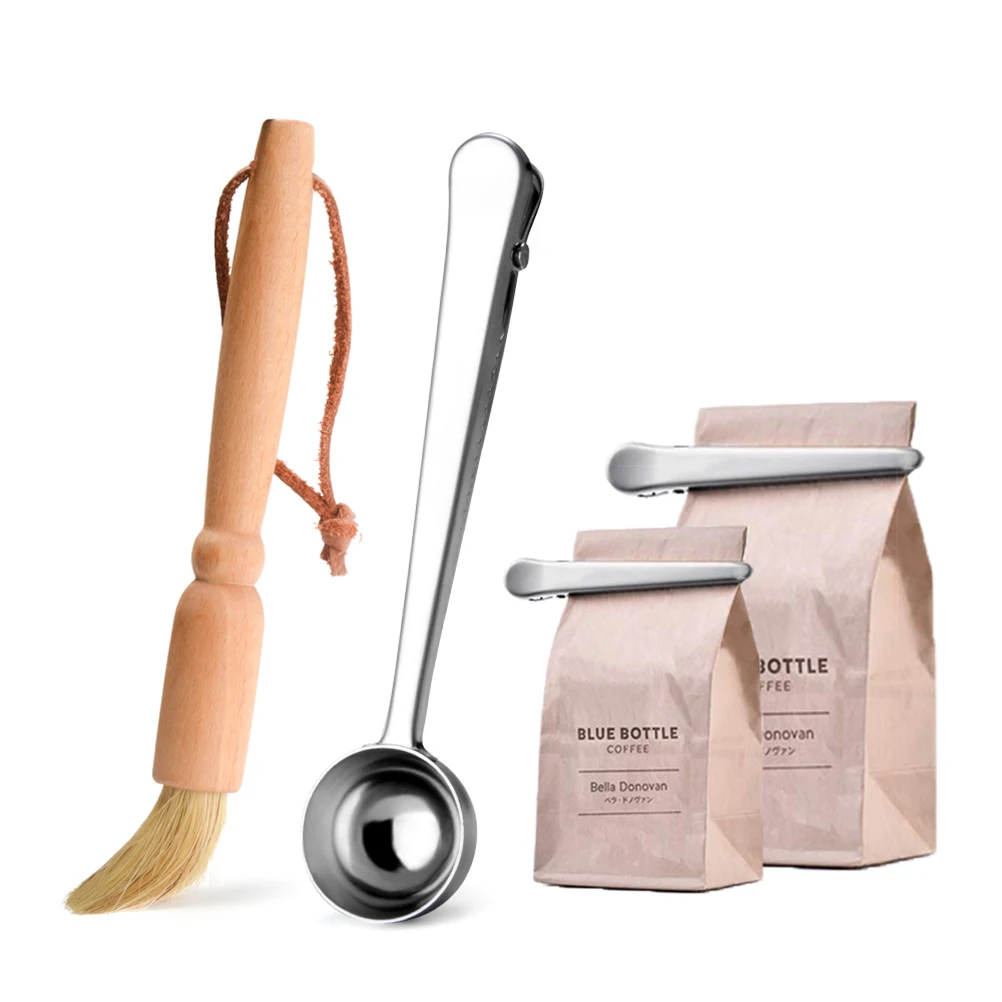 

Coffee Cleaning Tool Set Scoop Stainless Steel Spoons Sealing Clips Measuring Tools Coffee Accessories Storage Pouch