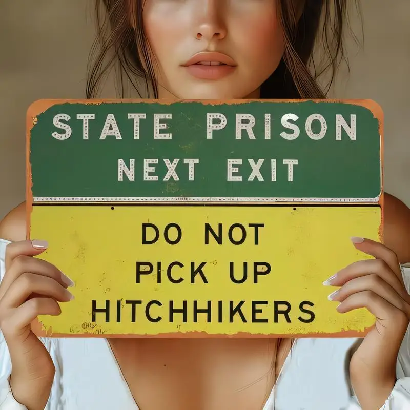 Vintage Metal State Prison Next Exit Tin Sign - Retro Green & Yellow Hitchhiker Warning Design, Iron Wall Art for Bars, Garages
