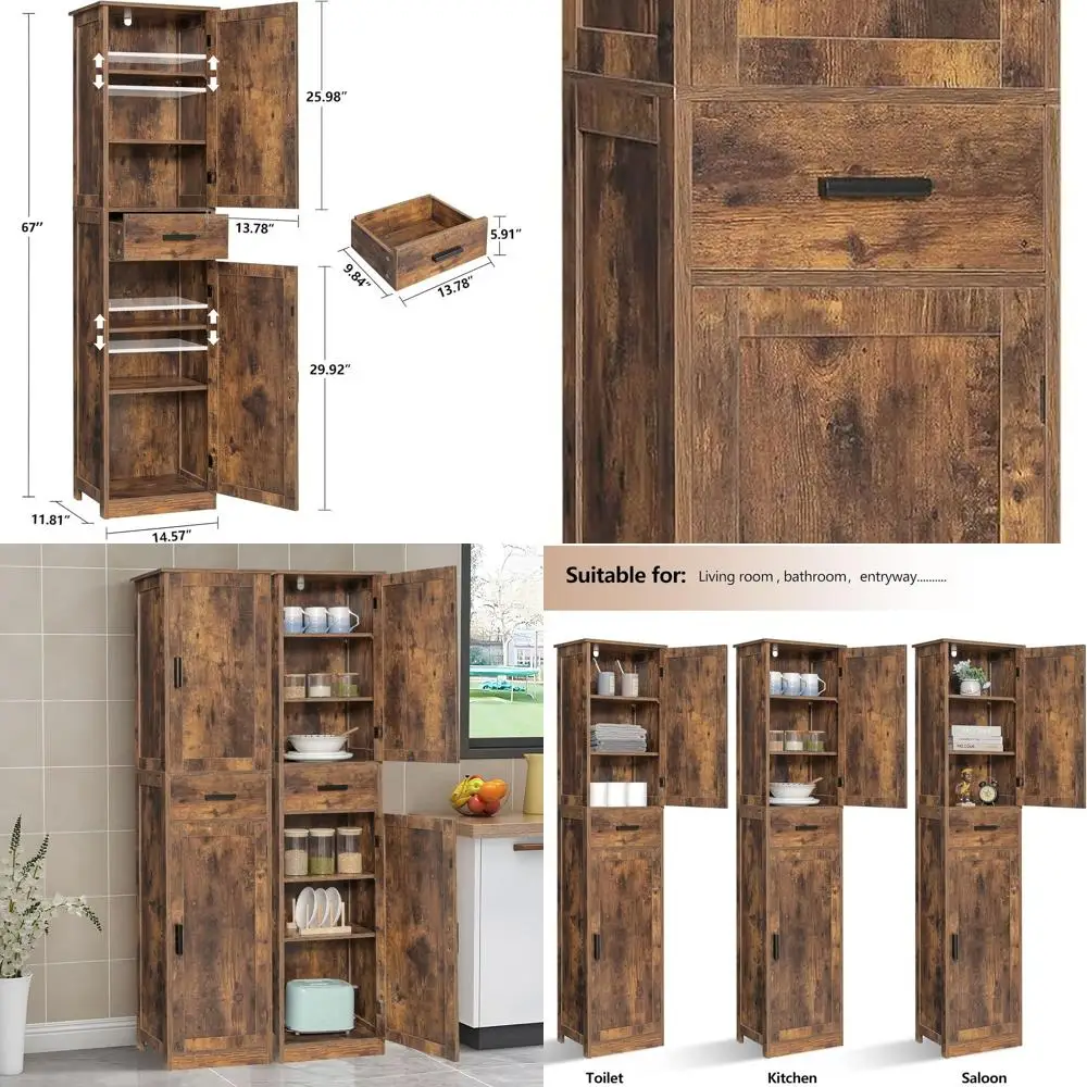 

Высокий шкаф для хранения вещей в деревенском коричневом стиле с 1 ящиком и регулируемыми полками, 67, шкаф для домашнего офиса и гостиной