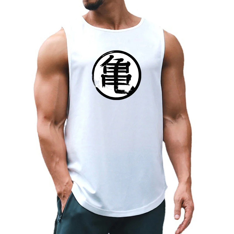 Japanese Anime Turtle Script Printed Mens Gym Clothing Fitness Vest Quick Dry Bodybuilding Tank Top Muscle Sleeveless Shirt