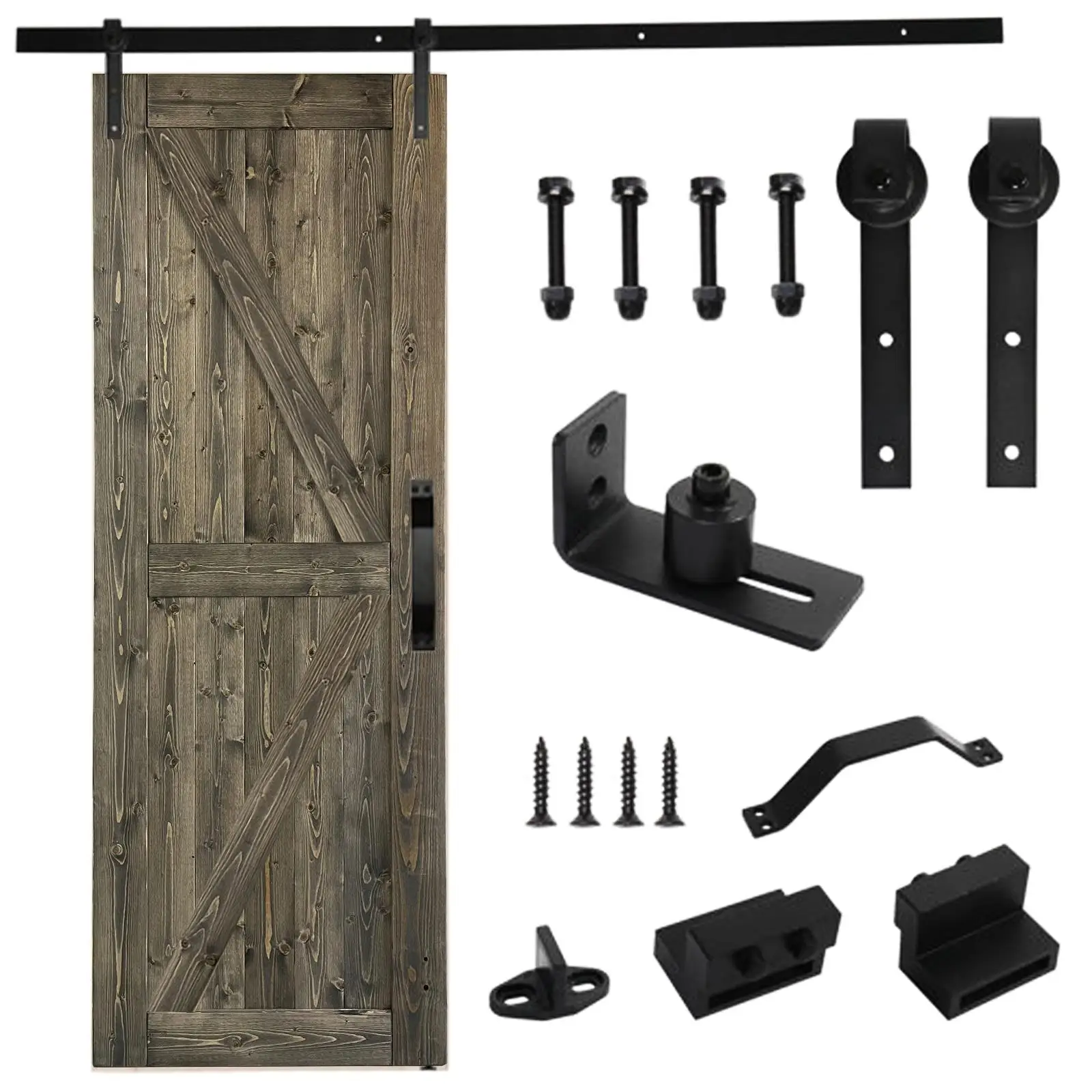 30 in. x 84 in. Sliding Barn Door with 5FT Barn Door Hardware Kit & Handle ，K Frame，Solid Spruce Wood，gray spray paint