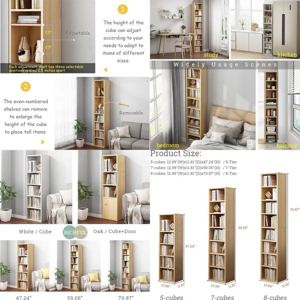 

Small Narrow Corner Bookcase - 47 Inches Tall Gap Freestanding Storage Cabinet, 5 Lattices Open Shelves Tower Rack, Cubes Booksh