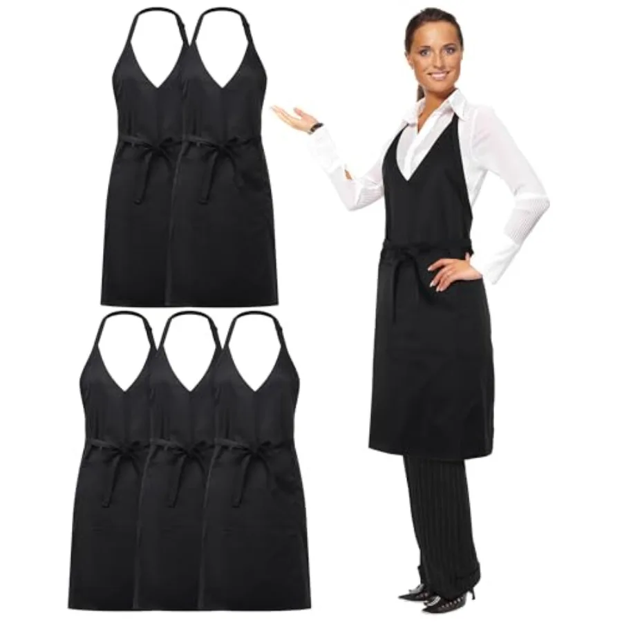 

5 Pcs Unisex V Neck Aprons 2 Pockets Adjustable Black Tuxedo Server Aprons with Long Waist Tie Formal Waiter Pinafore for Banqu
