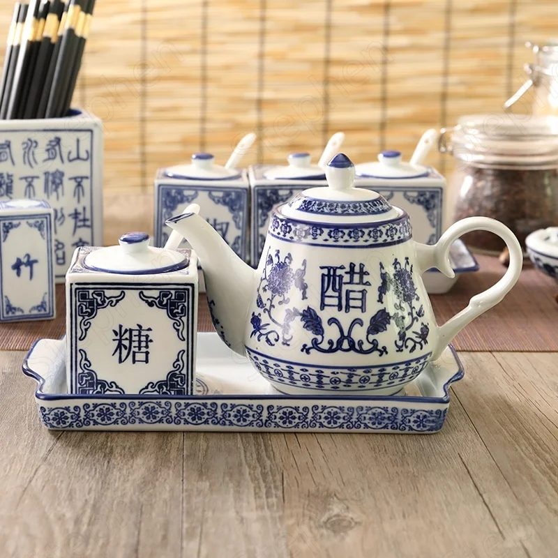 Blue and White Ceramic Canister Set Kitchen Chinese Vintage Spice Jars Salt Sugar Monosodium Glutamate Vinegar Chili Soy Bottle