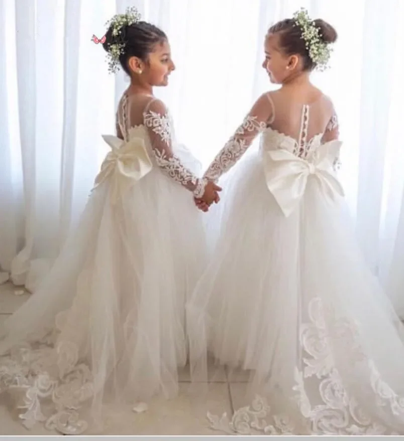 

Flower Girls Dresses Long Sleeves Lace Appliques vestidos de noiva Formal Party Gowns For Girls