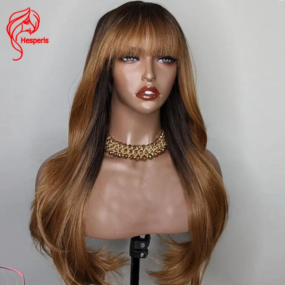 Hesperis Natural Wave  Scalp Top Full Machine Made Wig WithFringe Brazilian Remy Dark Blonde Ombre Human Hair Wig With Bangs