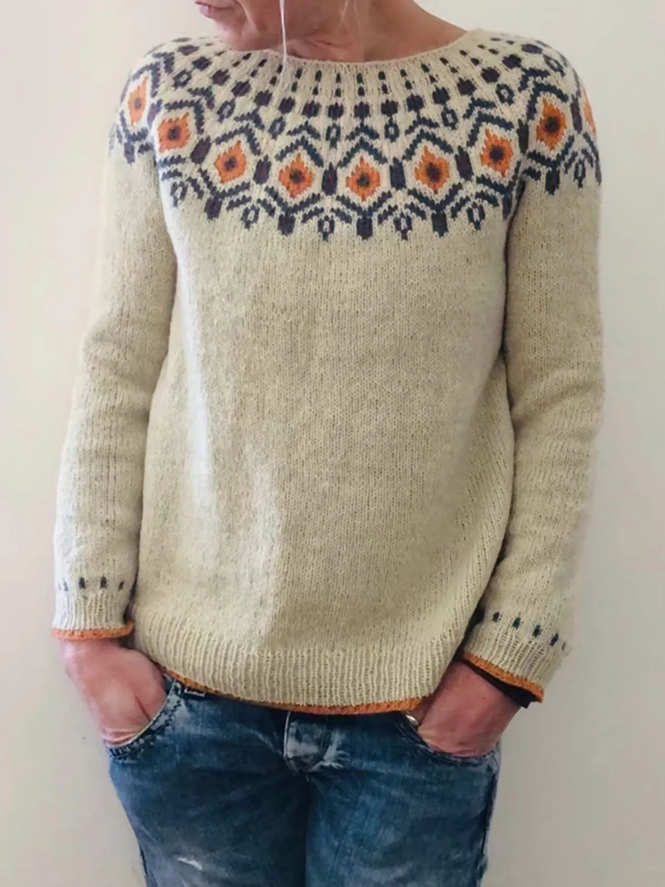 

Женская одежда - Новая модная универсальная вязаная кофта с круглым вырезом, контрастными цветами и жаккардовым узором, с длинными рукавами и капюшоном, подарок