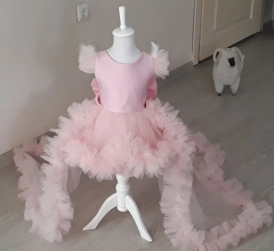 New Pink Baby Girls Birthday Dress O Neck with Bow Wedding Party Gown Special Ceremony Vestido Infantil Clothing Long Tail