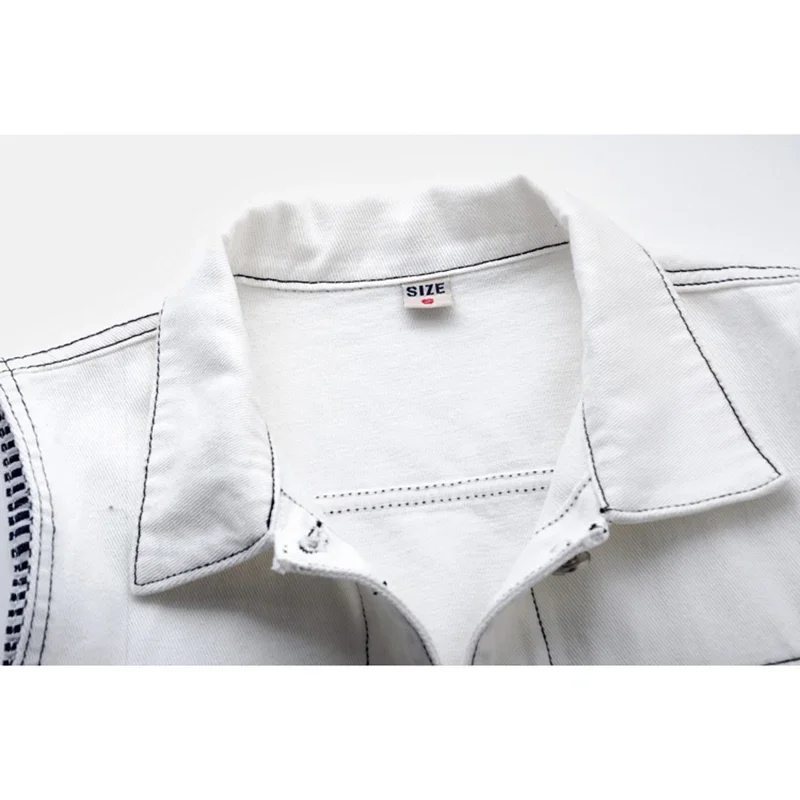 

White Black Blue Stripe Denim Vest Women Waistcoat Slim Short Big Pockets Cowboy Sleeveless Jacket Coat Casual Jeans Vest Female
