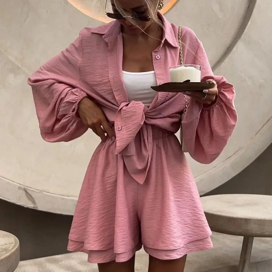 Two-Piece Suit Bubble Sleeve Polo Neck Shirt Loose Wide Leg Shorts Euro-American Women'S Set Autumn New Style Solid Color