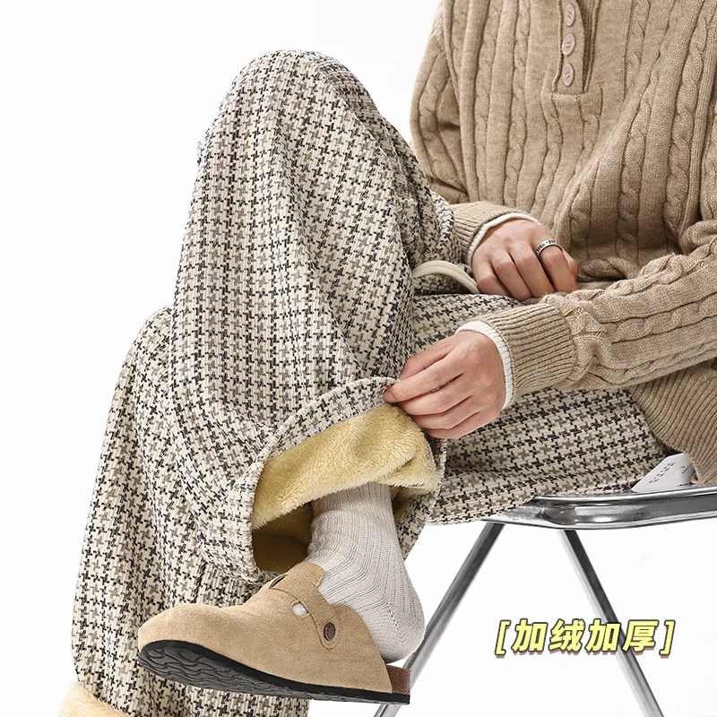

Winter Velvet Pants Men Warm Fashion Retro Thick Plaid Pants Men Streetwear Loose Wide Leg Pants Men Vintage Trousers M-3XL