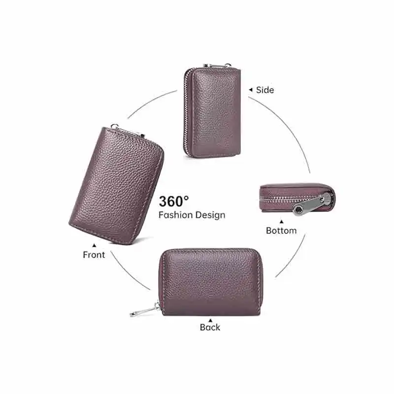 Titular do cartão de crédito RFID de couro genuíno, carteiras pequenas para mulheres e homens, Zipper Cards Case, LW031