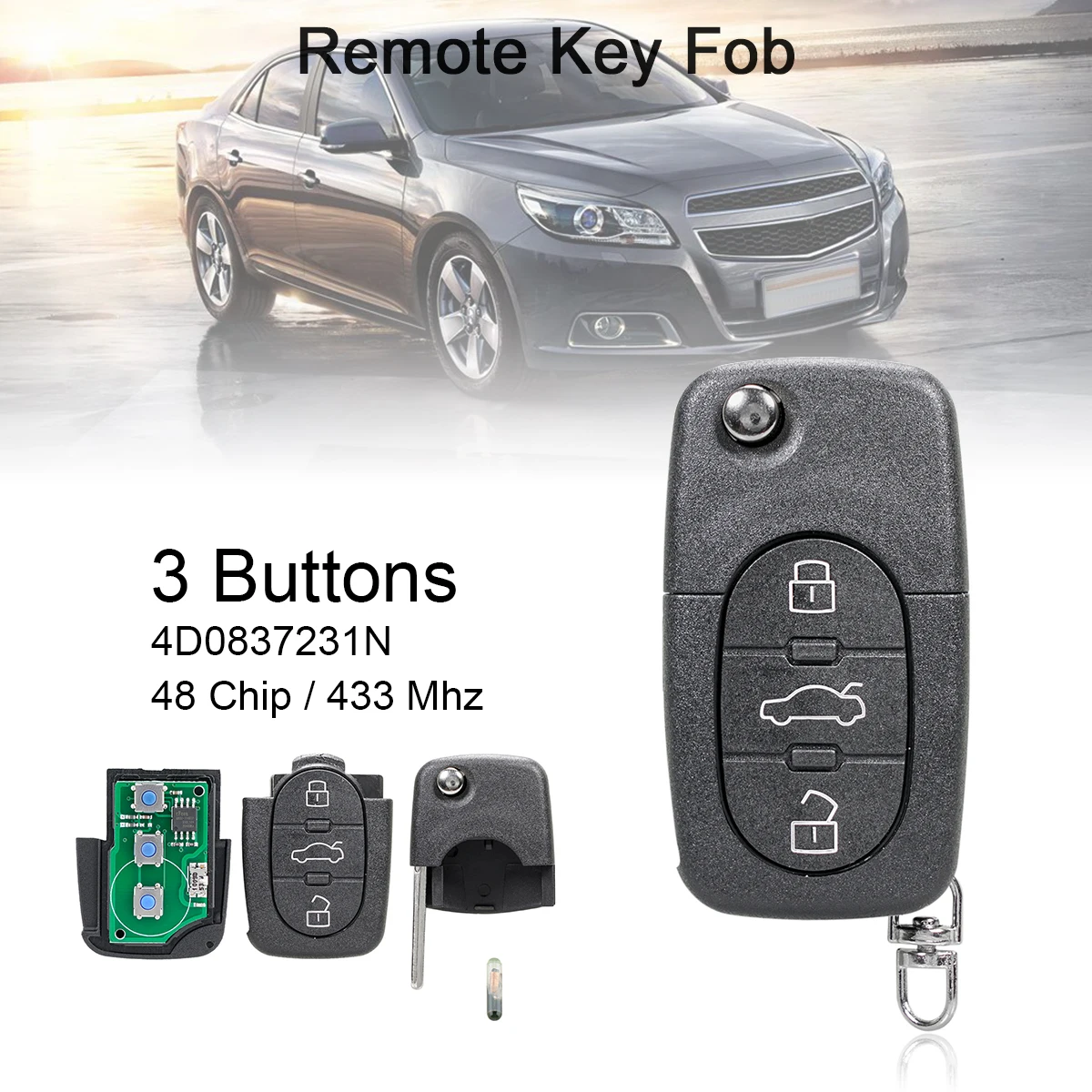 3 Buttons AD Car Remote Key 433MHh with ID48 Chip /4D0837231N Fit for AD A2 / A3 / A4 / A6 / A8 / TT 2002-2004